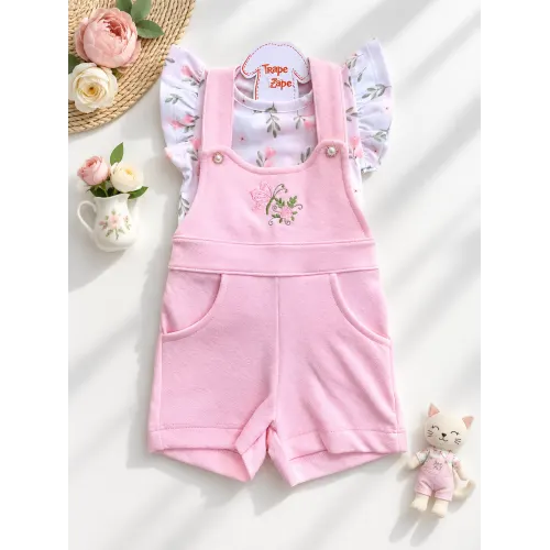  Conj. Blusa e Jardineira Borboleta Bordada - Rosa