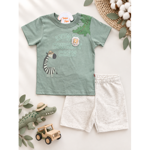  Conj. Camiseta Animal Concept e Bermuda em Linho - Verde e Areia