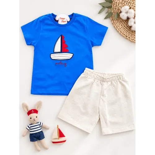 Conj. Camiseta Sailing e Bermuda em Linho - Azul e Areia