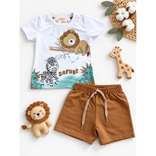 Conj. Camiseta Safari e Bermuda - Branco e Marrom