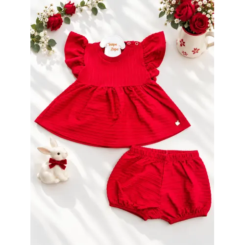 Conj. Batinha Pingente Coração e Short - Vermelho