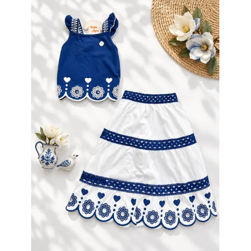 Conj. Regata e Saia Midi com Flores em Lese - Azul