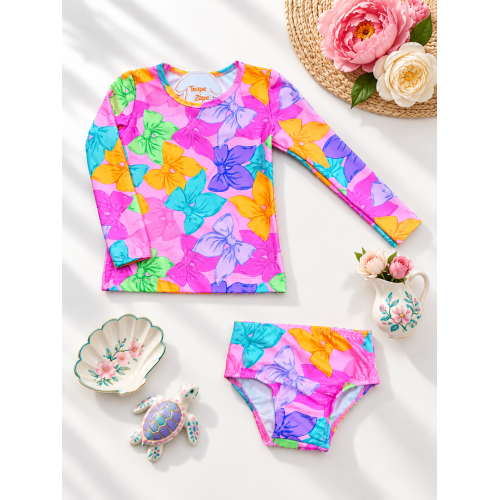 Linha Praia - Blusa Manga Longa e Calcinha Lacinhos com Proteção UV50+ - Rosa