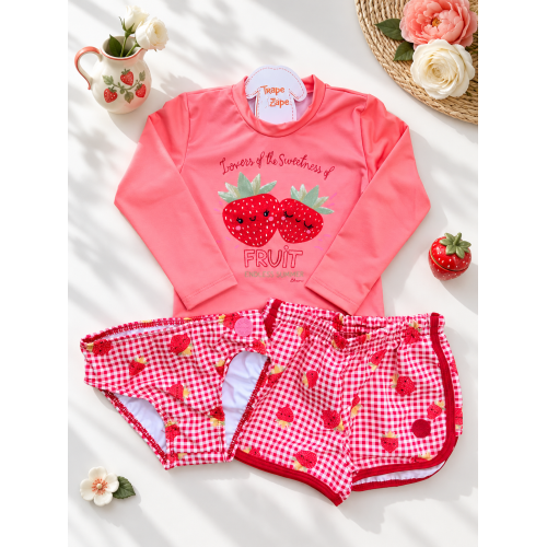 Linha Praia 3 Peças - Blusa Manga Longa Fruit, Short e Calcinha com Proteção UV50+ - Vermelho