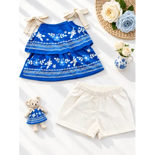  Conj. Bata Floral e Short em Linho - Azul Jeans e Areia