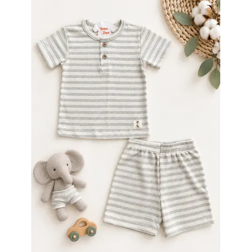  Conj. Camiseta Beach e Bermuda Listrada - Verde e Areia