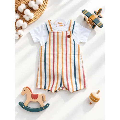 Conj. Blusa e Jardineira Listrada Colorida - Areia e Off White