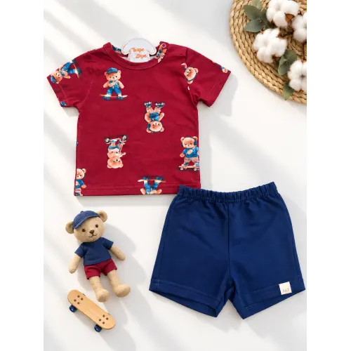  Conj. Camiseta Bear Sk8 e Bermuda - Bordo e Marinho