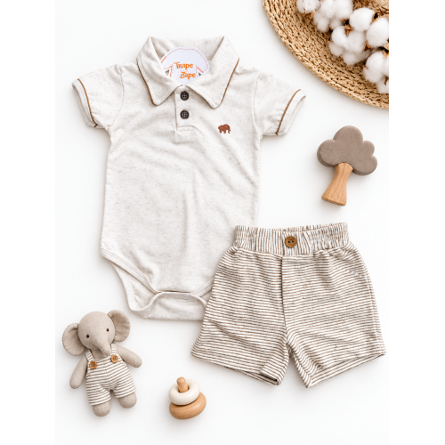 Conj. Body com Gola Polo e Bermuda em Linho - Areia