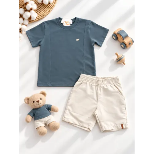 Camiseta Urso Polar e Bermuda  - Chumbo e Areia