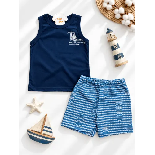 Conj. Regata Waves Rise e Bermuda Farol - Azul Marinho e Jeans