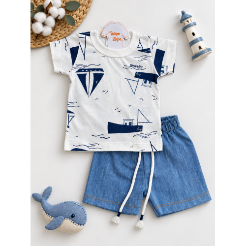 Conj. Camiseta Barcos e Bermuda - Branco e Marinho
