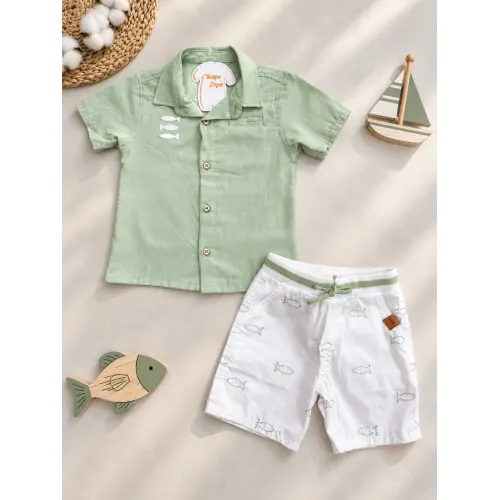 Conj. Camisa Peixinhos e Bermuda Bordada - Verde