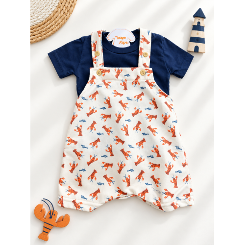 Conj. Camiseta e Jardineira Baby Lobster - Marinho e Areia