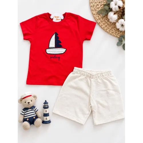 Conj. Camiseta Sailing e Bermuda em Linho - Vermelho e Areia