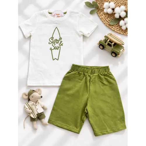 Conj. Camiseta Surf&Sun e Bermuda - Off White e Verde