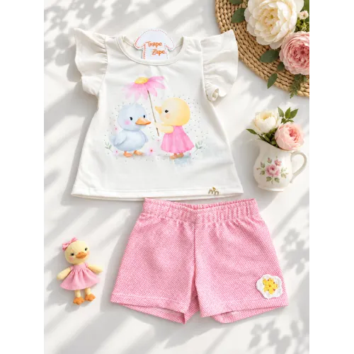 Conj Blusa Off Patinhos e Short com Flor