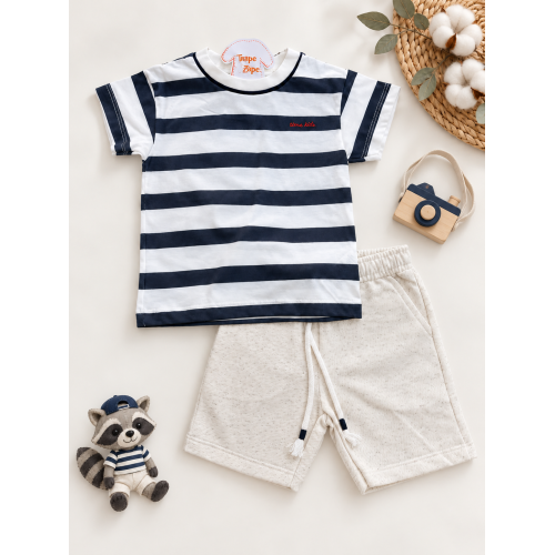 Conj. Camiseta Listrada Chumbo e Bermuda