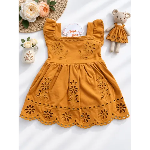 Vestido Flores em Lese - Caramelo