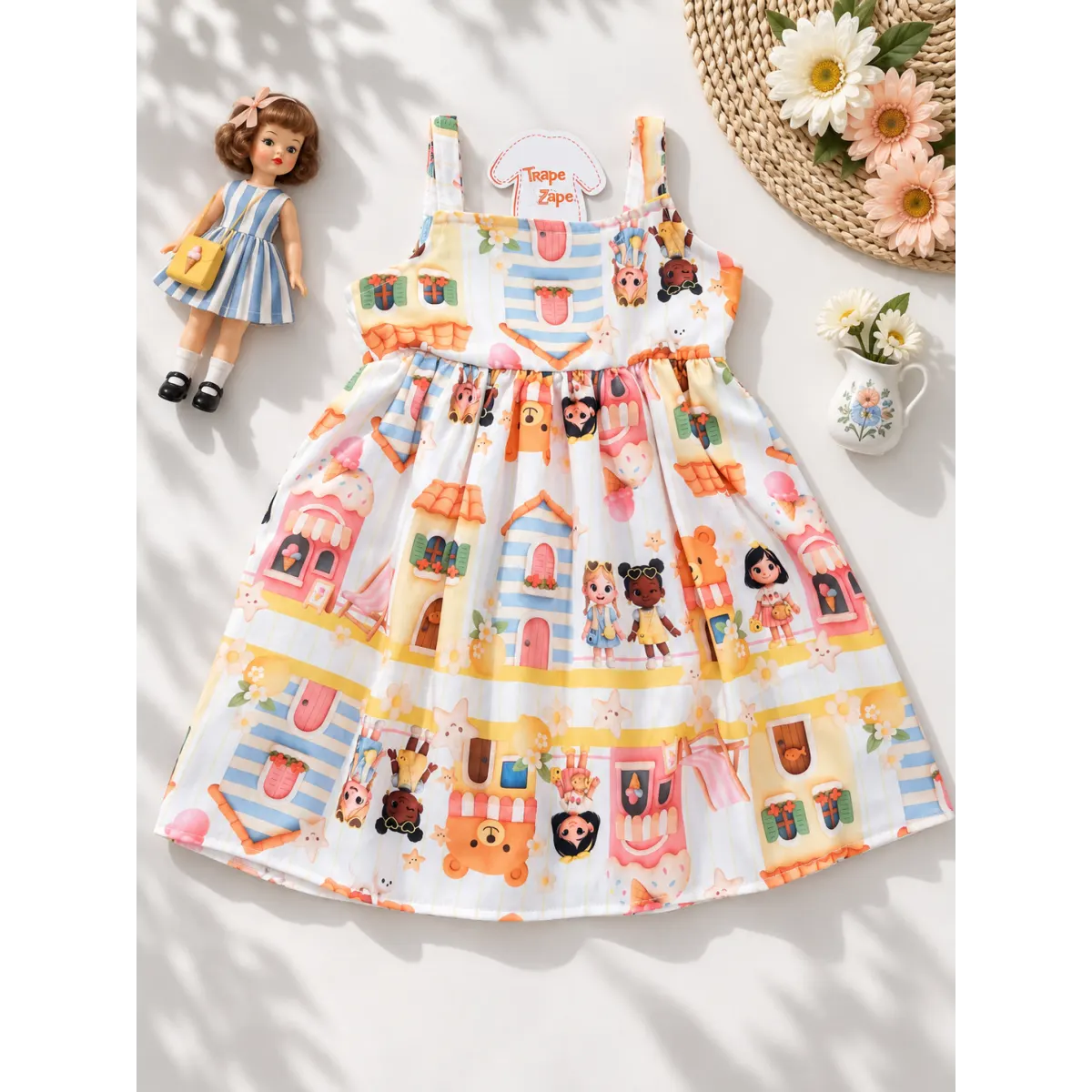 Vestido Bonequinhas e Casinhas Alaranjado