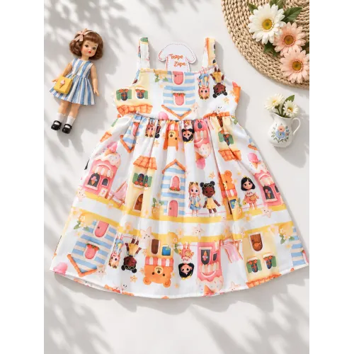Vestido Bonequinhas e Casinhas Alaranjado